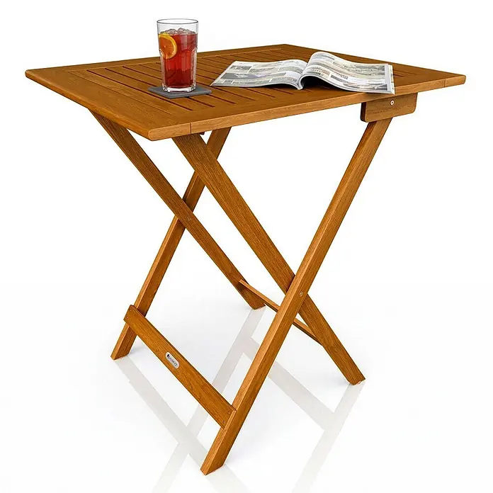 Juskys Gartentisch Zadar - L x B x H: 60 x 58 x 76 cm, Akazie, Rechteckig, natur - Klappbarer Terrassentisch aus Holz mit Getränk und Magazin auf der Lamellenplatte.