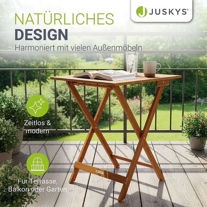 Juskys Gartentisch Zadar - L x B x H: 60 x 58 x 76 cm, Akazie, Rechteckig, natur - Brauner, klappbarer Holztisch für den Außenbereich.