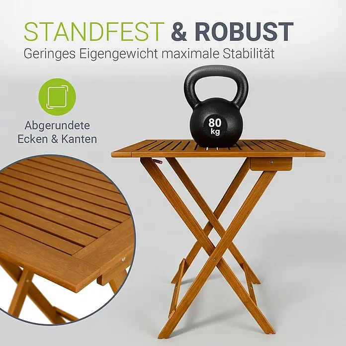 Juskys Gartentisch Zadar - L x B x H: 60 x 58 x 76 cm, Akazie, Rechteckig, natur - Brauner Holzklapptisch mit Kettlebell, der Stabilität und abgerundete Ecken zeigt.