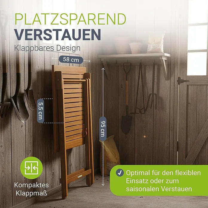 Juskys Gartentisch Zadar - L x B x H: 60 x 58 x 76 cm, Akazie, Rechteckig, natur - Ein hölzerner Klapptisch, platzsparend zusammengeklappt, steht an einer Wand.