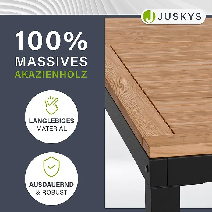 Juskys Gartentisch-Set Rhodos - Gesamtumfang: 5 -tlg., L x B x H: 90 x 150 x 74 cm, Holz, Stapelbar - Nahaufnahme einer Tischoberfläche aus hellbraunen Akazienholzlatten mit schwarzem Metallrahmen.