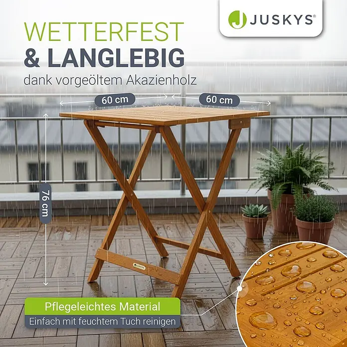 Juskys Gartentisch Zadar - L x B x H: 60 x 58 x 76 cm, Akazie, Rechteckig, natur - Wetterfester Klapptisch (60x60x76 cm) aus vorgeöltem Akazienholz, im Regen draußen gezeigt.