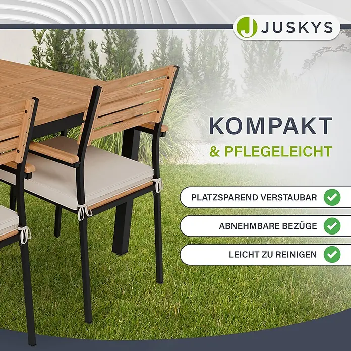 Juskys Gartentisch-Set Rhodos - Gesamtumfang: 5 -tlg., L x B x H: 90 x 150 x 74 cm, Holz, Stapelbar - Outdoor-Essgruppe mit Holzlattenstühlen und -tisch, dunklen Rahmen und hellen Kissen, kompakt und pflegeleicht.