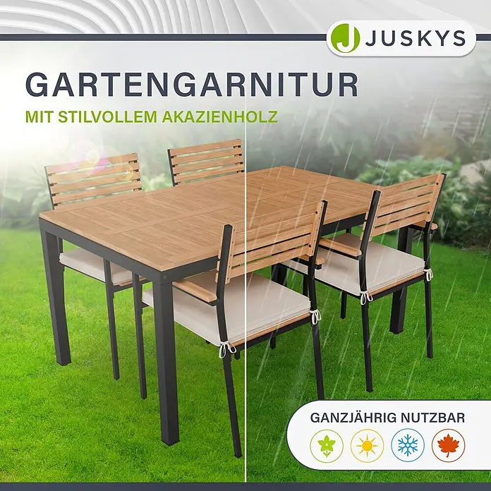 Juskys Gartentisch-Set Rhodos - Gesamtumfang: 5 -tlg., L x B x H: 90 x 150 x 74 cm, Holz, Stapelbar - Gartengarnitur aus stilvollem Akazienholz mit dunklem Gestell und hellen Polstern, ganzjährig nutzbar.