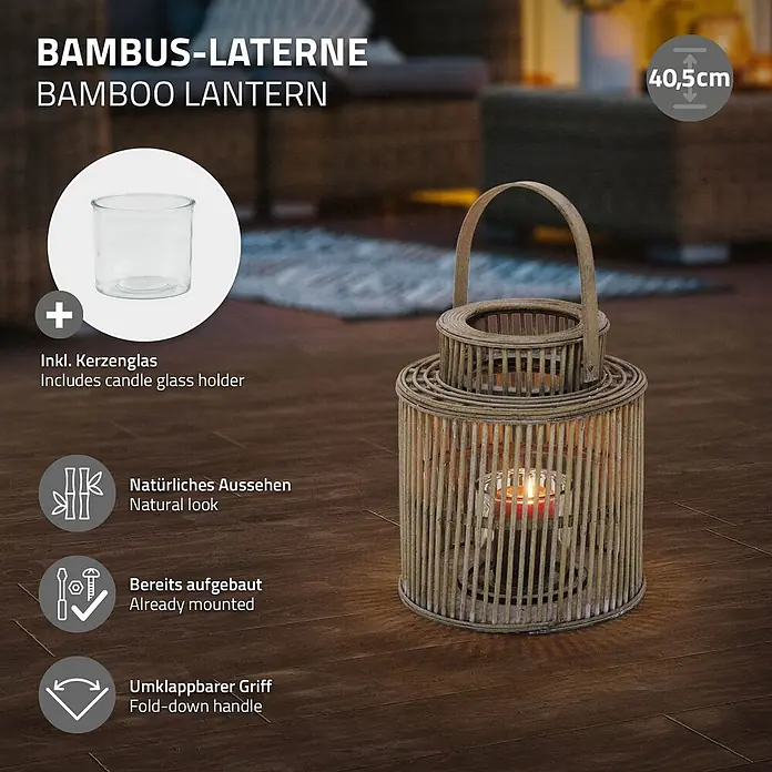 ECD Germany Windlicht Boho Bambus Laterne - Ø x H: 24,5 x 40,5 cm, Natur, 1 Stk. - Eine natürliche Bambuslaterne, 40,5 cm hoch, auf einem Holzboden, mit Teelicht und Glasbehälter. Sie hat einen klappbaren Griff.