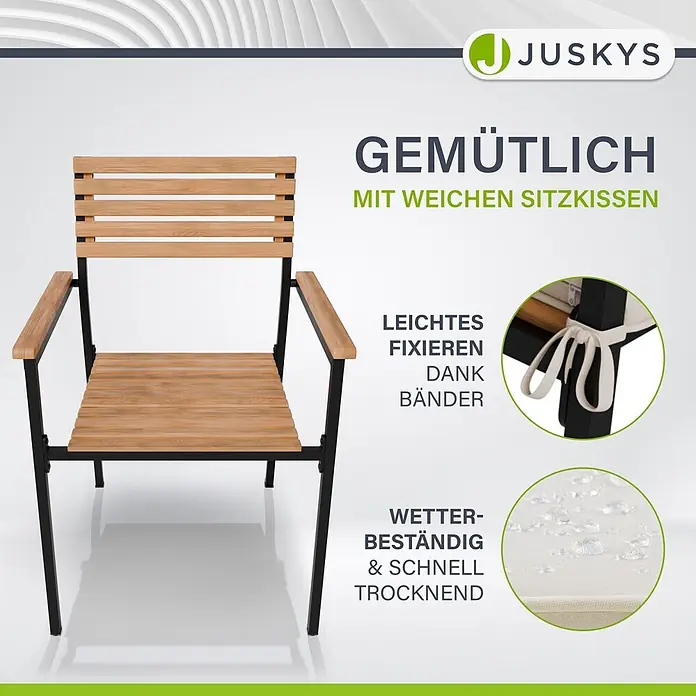 Juskys Gartentisch-Set Rhodos - Gesamtumfang: 5 -tlg., L x B x H: 90 x 150 x 74 cm, Holz, Stapelbar - Gartenstuhl aus hellem Holz und schwarzem Metall. Mit weichen Kissen zum Fixieren, wetterbeständig und schnell trocknend.