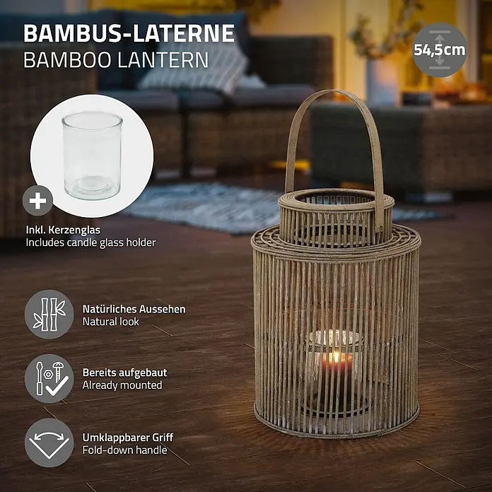 ECD Germany Windlicht Boho Bambus Laterne - Ø x H: 28,5 x 54,5 cm, Natur, 1 Stk. - Natürliche Bambus-Laterne mit brennender Kerze. Mit umklappbarem Griff und 54,5cm hoch.