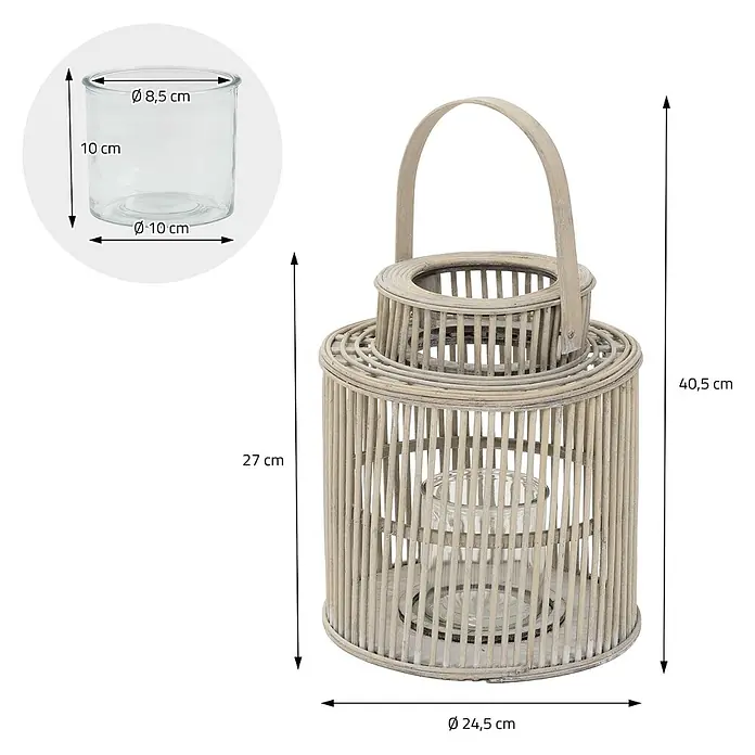 ECD Germany Windlicht Boho Bambus Laterne - Ø x H: 24,5 x 40,5 cm, Natur, 1 Stk. - Helle Rattan-Laterne, 40,5 cm hoch, Ø 24,5 cm, mit Glaseinsatz (10 cm hoch, Ø 10 cm).