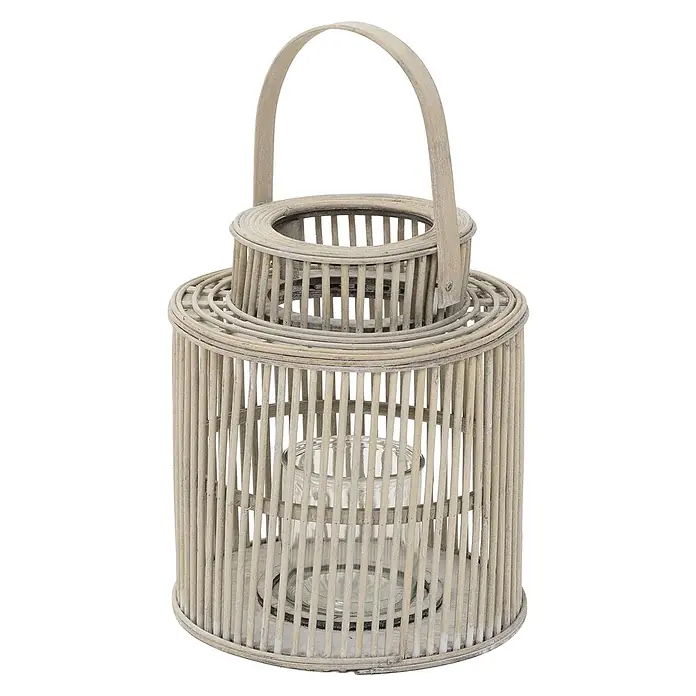 ECD Germany Windlicht Boho Bambus Laterne - Ø x H: 24,5 x 40,5 cm, Natur, 1 Stk. - Gestreifte Rattan-Laterne mit zylindrischem Geflecht und Griff, enthält einen Glas-Kerzenhalter.