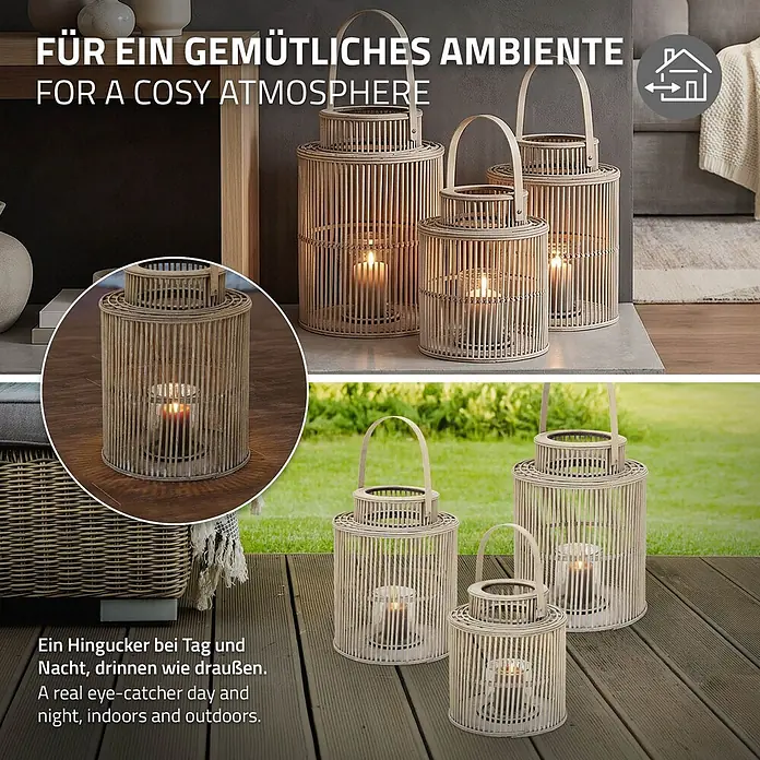 ECD Germany Windlicht Boho Bambus Laterne - Ø x H: 28,5 x 54,5 cm, Natur, 1 Stk. - Set aus hellen Bambus-Laternen mit Kerzen, sorgt für gemütliche Atmosphäre drinnen und draußen.