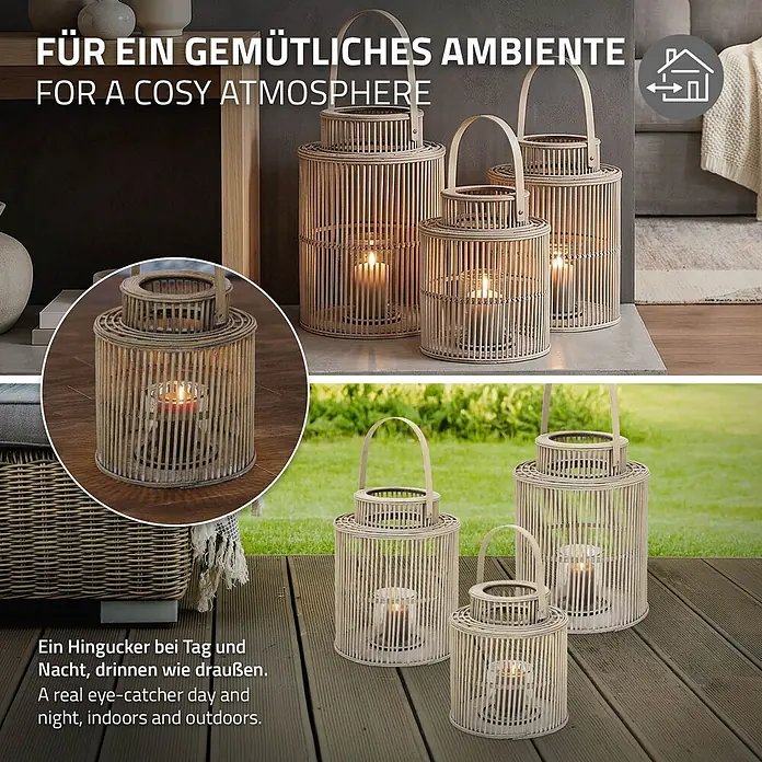 ECD Germany Windlicht Boho Bambus Laterne - Ø x H: 24,5 x 40,5 cm, Natur, 1 Stk. - Set heller Bambuslaternen mit Kerzen, in verschiedenen Größen, für ein gemütliches Ambiente drinnen und draußen.
