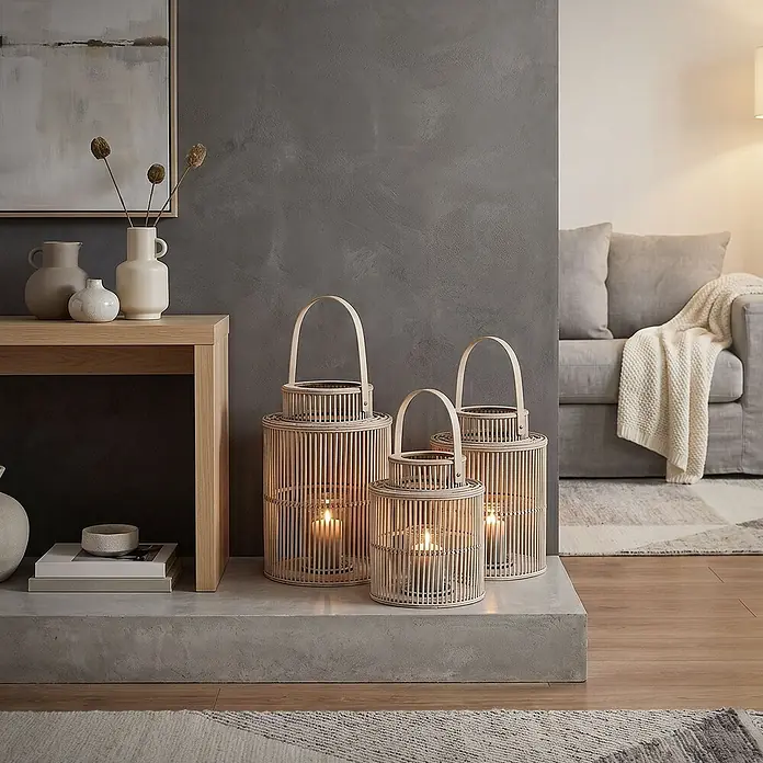 ECD Germany Windlicht Boho Bambus Laterne - Ø x H: 28,5 x 54,5 cm, Natur, 1 Stk. - Drei unterschiedlich große Laternen aus hellem Bambus, mit Kerzen beleuchtet, auf einer Betonablage im Wohnzimmer.
