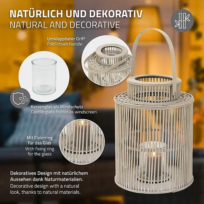 ECD Germany Windlicht Boho Bambus Laterne - Ø x H: 28,5 x 54,5 cm, Natur, 1 Stk. - Dekorative zylindrische Laterne aus hellem Bambus mit klappbarem Griff und Glas-Kerzenhalter.
