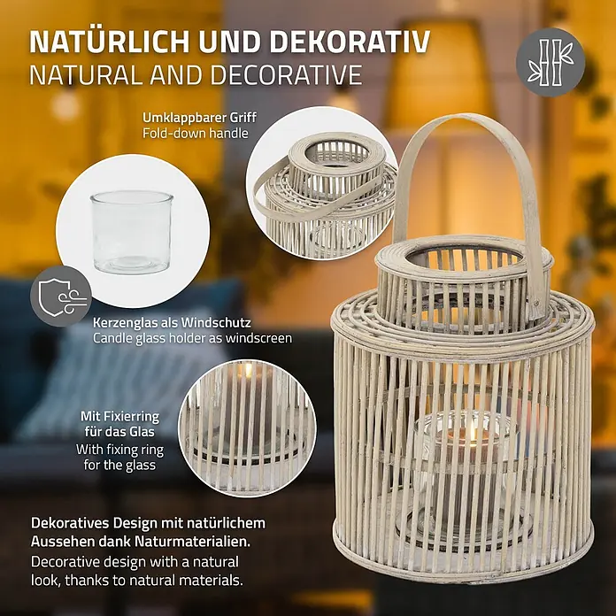 ECD Germany Windlicht Boho Bambus Laterne - Ø x H: 24,5 x 40,5 cm, Natur, 1 Stk. - Naturgeflochtene Laterne mit klappbarem Griff und Glaskerzenhalter mit Fixierring.