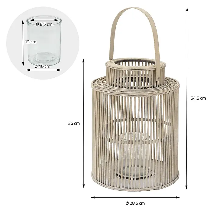 ECD Germany Windlicht Boho Bambus Laterne - Ø x H: 28,5 x 54,5 cm, Natur, 1 Stk. - Helle Rattanlaterne mit Griff und Klarglaseinsatz, 54,5 cm hoch und 28,5 cm Durchmesser.