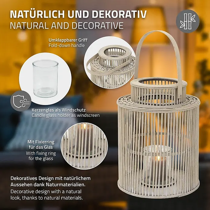 ECD Germany Windlicht Boho Bambus Laterne - Ø x H: 26,5 x 48 cm, Natur, 1 Stk. - Dekorative Laterne aus Naturmaterialien mit klappbarem Griff und Windschutz-Kerzenglas.
