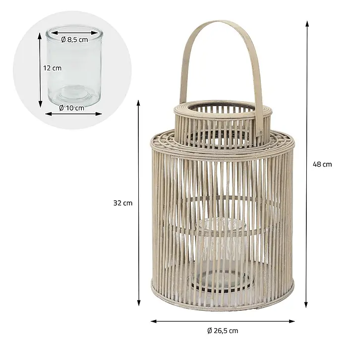 ECD Germany Windlicht Boho Bambus Laterne - Ø x H: 26,5 x 48 cm, Natur, 1 Stk. - Eine helle Laterne aus geflochtenem Holz mit Griff und Glaseinsatz, Maße angegeben.
