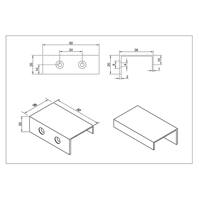Cordia Möbelgriff 5 cm - Lochabstand: 24 mm, Aluminium, Schwarz - Metall-U-Profil-Halterung mit vorgebohrten Löchern, ideal zur Montage oder strukturellen Unterstützung.