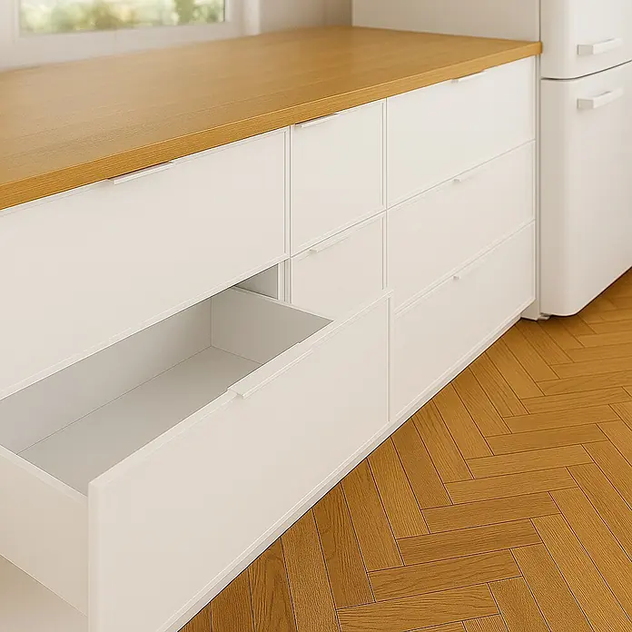 Cordia Möbelgriff 15 cm - Lochabstand: 128 mm, Aluminium, Weiß - Weiße Küchenschubladenschränke mit heller Holzplatte. Eine Schublade mit integriertem Griff ist geöffnet.