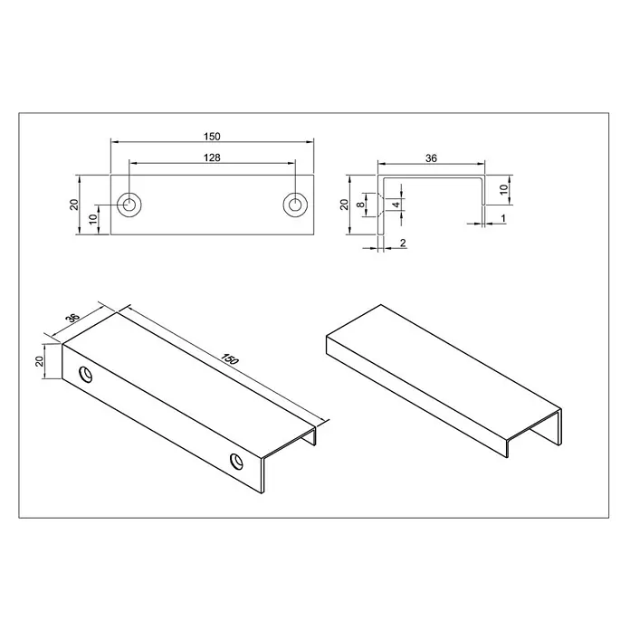 Cordia Möbelgriff 15 cm - Lochabstand: 128 mm, Aluminium, Weiß - Metallenes U-Profil mit zwei Befestigungslöchern, 150mm lang, 36mm breit, 20mm hoch.
