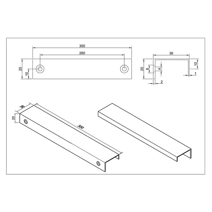 Cordia Möbelgriff 30 cm - Lochabstand: 260 mm, Aluminium, Gold - Technische Zeichnung eines U-Profils aus Metall mit Befestigungslöchern und Maßen.