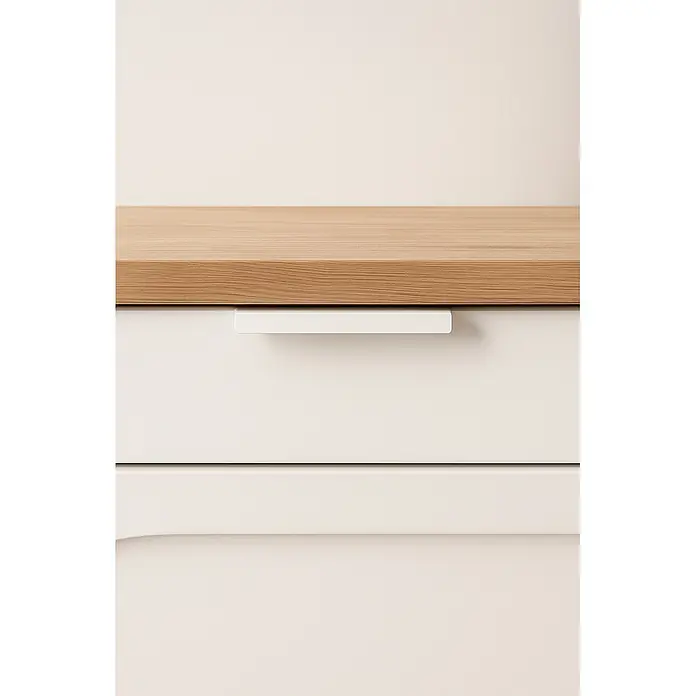 Cordia Möbelgriff 20 cm - Lochabstand: 160 mm, Aluminium, Weiß - Cremefarbener Schubladenschrank mit heller Holzplatte und minimalistischem weißem Griff.