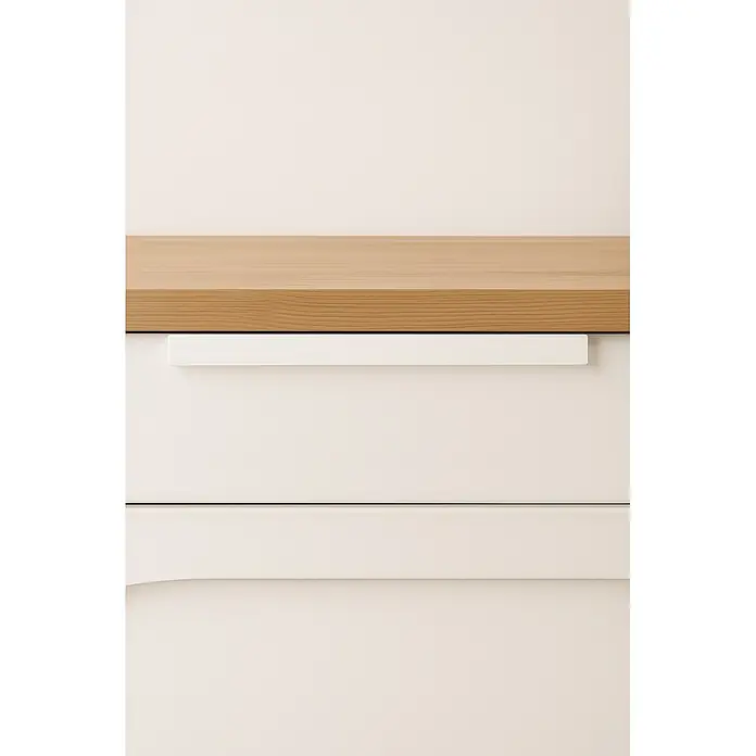 Cordia Möbelgriff 30 cm - Lochabstand: 260 mm, Aluminium, Weiß - Weiße Schublade mit weißem Stangengriff unter einer Holzplatte.