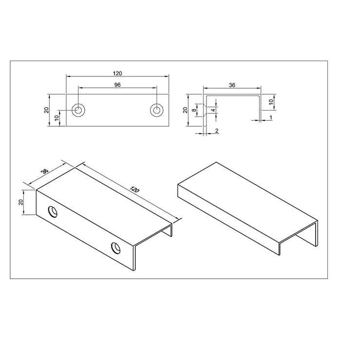 Cordia Möbelgriff 12 cm - Lochabstand: 96 mm, Aluminium, Schwarz - U-förmige Metallschiene mit zwei Befestigungslöchern, 120 mm lang.