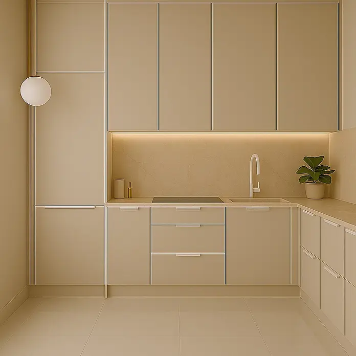 Cordia Möbelgriff 30 cm - Lochabstand: 260 mm, Aluminium, Weiß - Moderne beige Küche mit integrierten Geräten, heller Arbeitsplatte und klaren Linien.