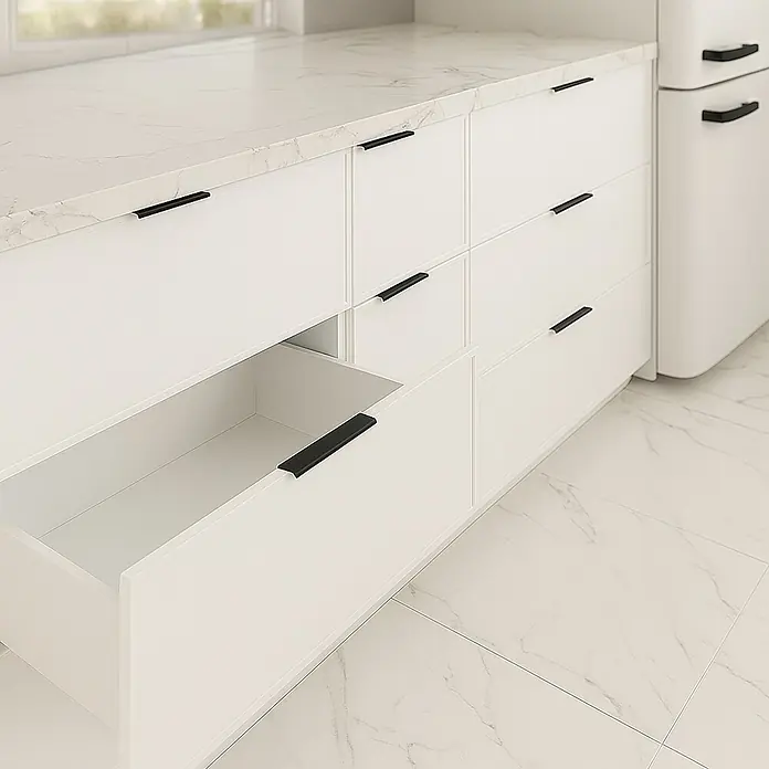 Cordia Möbelgriff 10 cm - Lochabstand: 60 mm, Aluminium, Schwarz - Weiße Küchenschränke mit eleganten schwarzen Griffen, eine Schublade geöffnet. Modernes Design mit weißer Marmorarbeitsplatte.