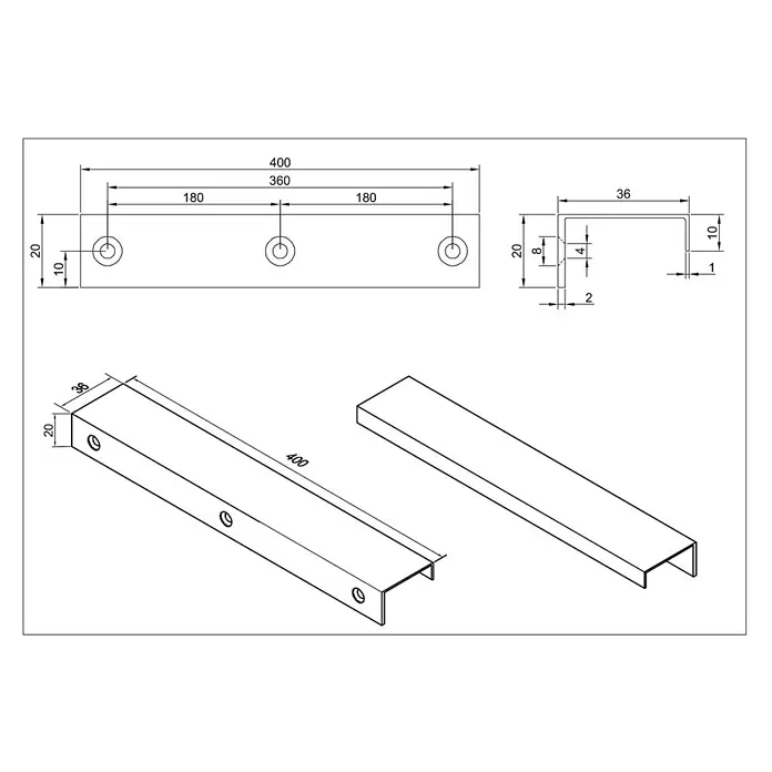 Cordia Möbelgriff 40 cm - Lochabstand: 360 mm, Aluminium, Schwarz - Technische Zeichnung eines U-Profils mit drei runden Löchern und vollständigen Maßen.