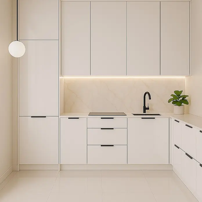 Cordia Möbelgriff 20 cm - Lochabstand: 160 mm, Aluminium, Schwarz - Moderne cremefarbene Küche mit schlichten, minimalistischen Schränken, schwarzen Griffen, heller Marmor-Rückwand und integrierter Beleuchtung.