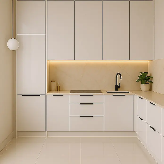 Cordia Möbelgriff 40 cm - Lochabstand: 360 mm, Aluminium, Schwarz - Moderne Küche mit hellbeigen Schränken, heller Marmorrückwand und Arbeitsplatte, schwarzen Griffen und Unterschrankbeleuchtung.