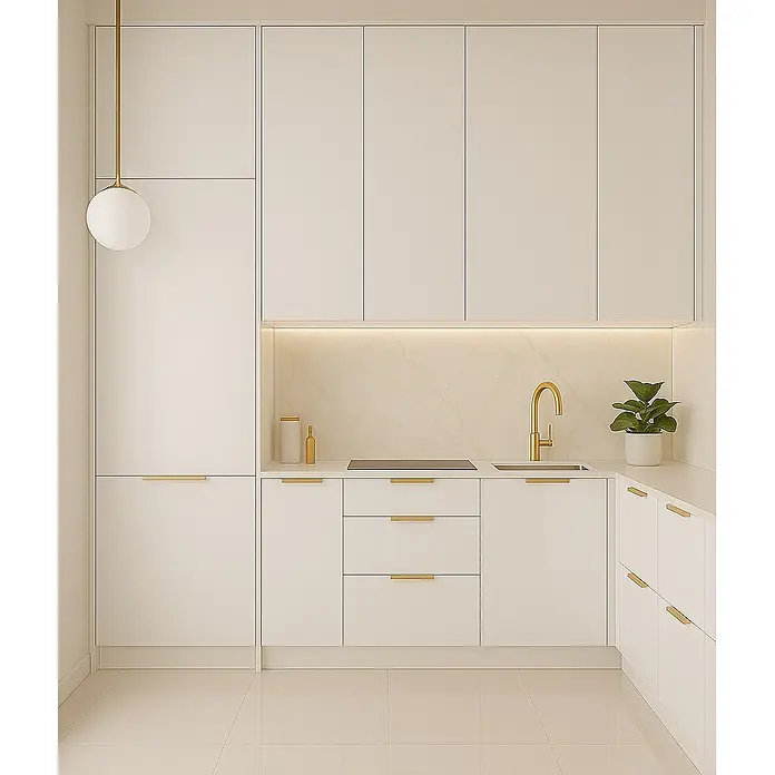 Cordia Möbelgriff 20 cm - Lochabstand: 160 mm, Aluminium, Gold - Moderne weiße Küche mit eleganten Schränken, goldenen Griffen und passendem Wasserhahn. Mit Marmorrückwand und stilvoller Pendelleuchte.