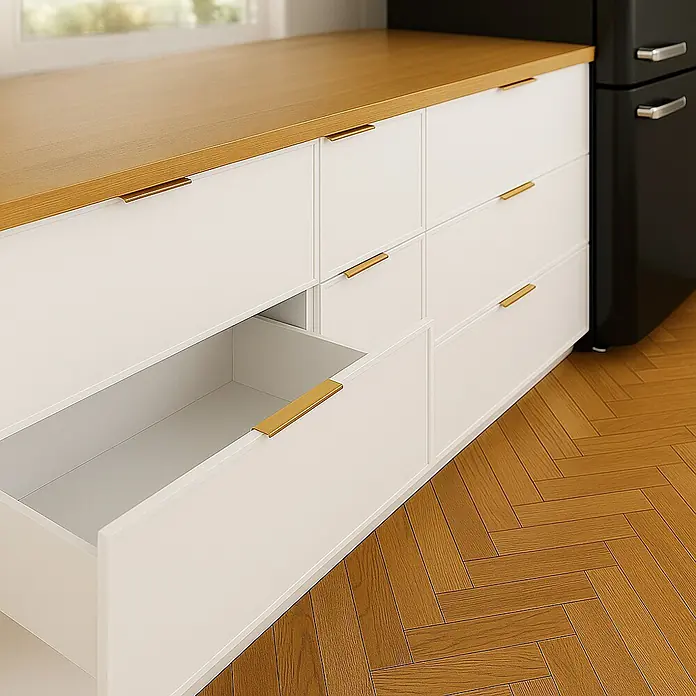Cordia Möbelgriff 10 cm - Lochabstand: 60 mm, Aluminium, Gold - Weiße Küchenschränke mit Holzplatte und goldenen Griffen, eine Schublade in moderner Küche leicht geöffnet.