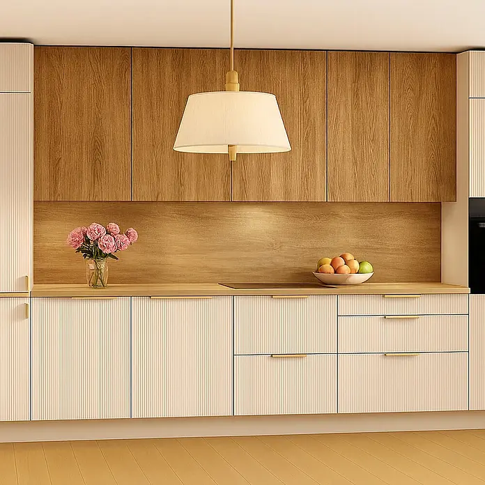 Cordia Möbelgriff 40 cm - Lochabstand: 360 mm, Aluminium, Gold - Cremefarbene Pendelleuchte aus Stoff mit Holzdetails, über einer Küchenzeile hängend.