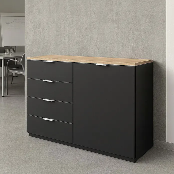 Cordia Möbelgriff 10 cm - Lochabstand: 60 mm, Aluminium, Weiß - Dunkelgraues Sideboard mit Holzplatte, vier Schubladen und einer Tür, ideal für Büros.