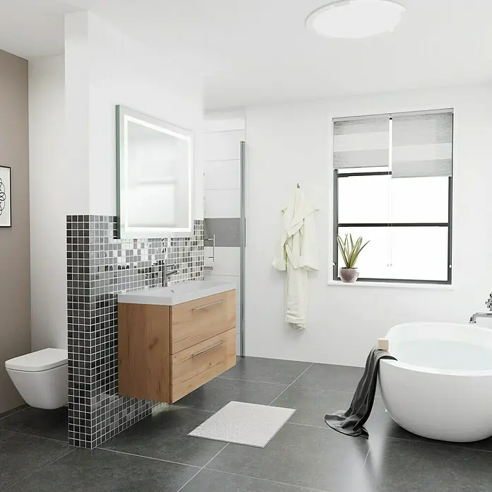 Camargue Espacio Badmöbel-Set i36 - 100 cm, Doce - Modernes Badezimmer mit Waschtischunterschrank in Holzoptik, stilvollem Spiegel und freistehender Badewanne für ein entspannendes Ambiente.