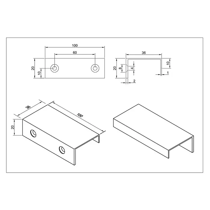 Cordia Möbelgriff 10 cm - Lochabstand: 60 mm, Aluminium, Weiß - U-förmige Metallhalterung mit zwei Löchern auf einer Flanschseite, detaillierte technische Zeichnung mit Maßen.
