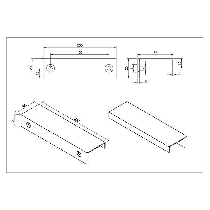 Cordia Möbelgriff 20 cm - Lochabstand: 160 mm, Aluminium, Schwarz - Ein U-förmiges Kanalprofil, 200x36x20mm, mit zwei Befestigungslöchern.