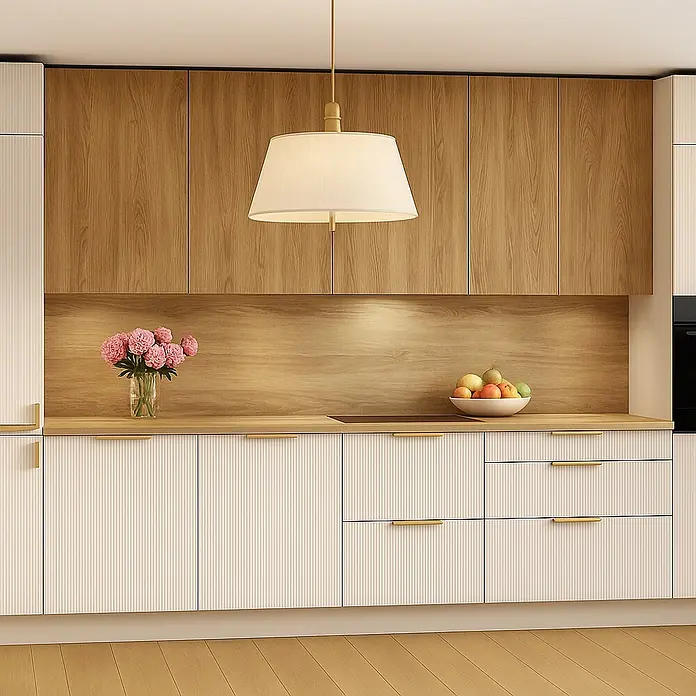 Cordia Möbelgriff 20 cm - Lochabstand: 160 mm, Aluminium, Gold - Moderne Küche mit hellen Holzfronten, gerippten cremefarbenen Unterschränken und goldenen Griffen.