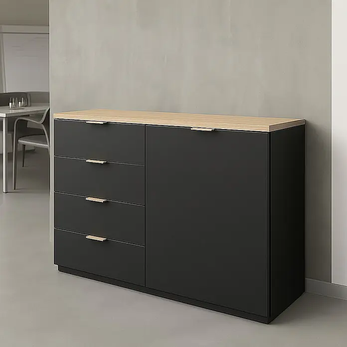 Cordia Möbelgriff 10 cm - Lochabstand: 60 mm, Aluminium, Gold - Dunkelgraues Sideboard mit heller Holzplatte und Messinggriffen in modernem Raum.