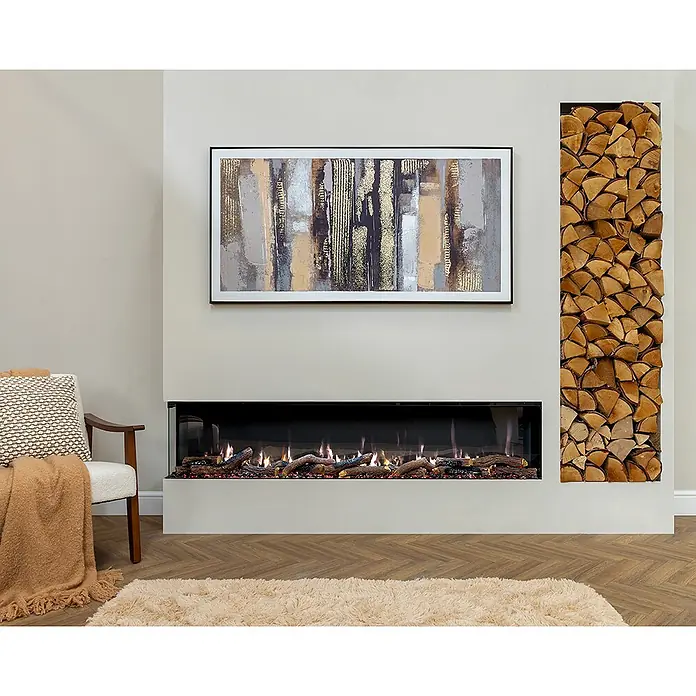 Charlton & Jenrick Chimenea eléctrica GO ECO MW 180 - Negro, 180 cm, 1.500 W - Chimenea eléctrica empotrada moderna con cristal negro, troncos brillantes y llamas realistas, integrada bajo arte abstracto y leña apilada.