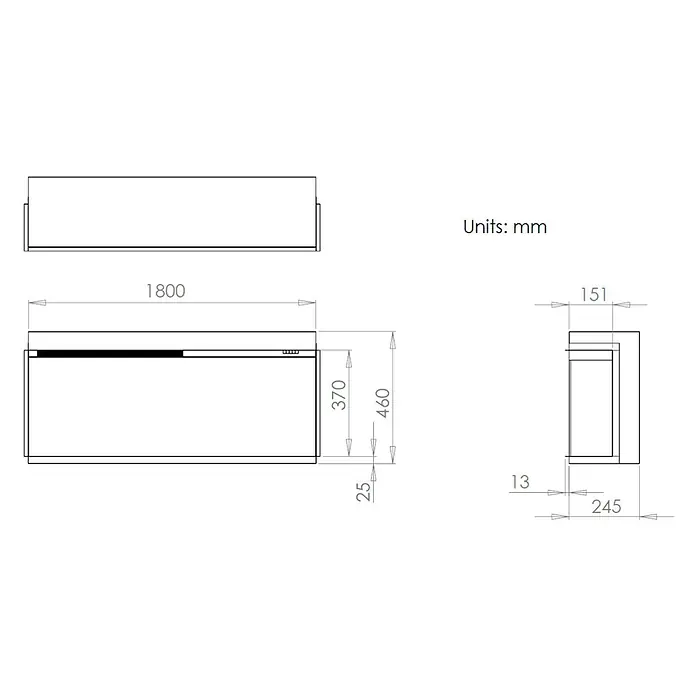 Charlton & Jenrick Chimenea eléctrica GO ECO MW 180 - Negro, 180 cm, 1.500 W - Dibujo técnico de un mueble rectangular de pared con vistas y dimensiones.
