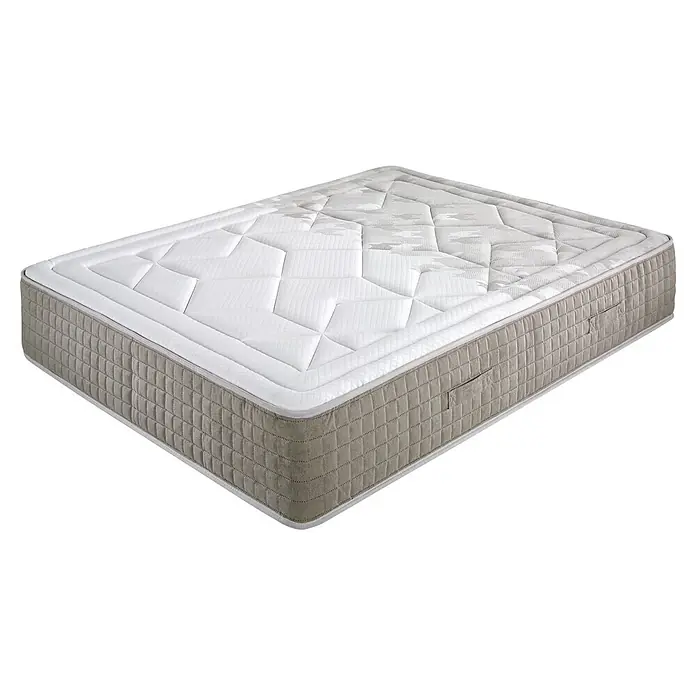 Nonnos Bedding Colchón Memory Spring - Largo: 200 cm, Ancho: 160 cm, Altura: 29 cm, Viscoelástica - Colchón blanco acolchado con patrones geométricos y de estrellas en la parte superior y laterales acolchados gris claro.