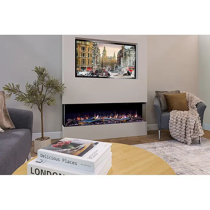 Charlton & Jenrick Chimenea eléctrica GO ECO MW 150 - Negro, 150 cm, 1.500 W - Moderna chimenea eléctrica blanca integrada en un mueble de pared, con llamas LED de colores y leños artificiales, con una pantalla de TV encima.