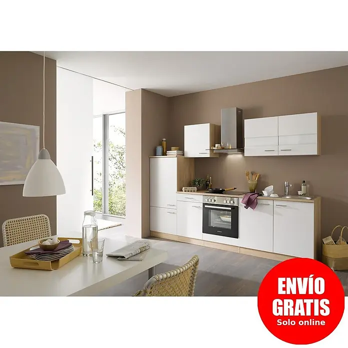 Respekta Composición de cocina Merle - Ancho: 270 cm, Blanco, Con electrodomésticos - Cocina moderna con frentes blancos y acentos de madera clara, horno integrado, placa, fregadero y armarios superiores, en un espacio abierto contemporáneo.