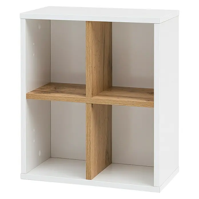 Schildmeyer Padua Wandregal - 41 x 21 x 48 cm, Weiß/Eiche - Ein weißes Regal mit Holzeinsätzen, das eine moderne und funktionale Aufbewahrungslösung bietet.