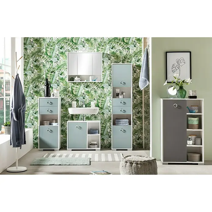 Schildmeyer Kimi LED-Spiegelschrank - B x H: 70 x 60,5 cm, Mit Beleuchtung, Holz, Weiß - Badezimmer-Set mit Waschbecken, Spiegelschrank und Hochschränken in frischen Farben. Stilvolles und funktionales Design für Ihr Badezimmer.