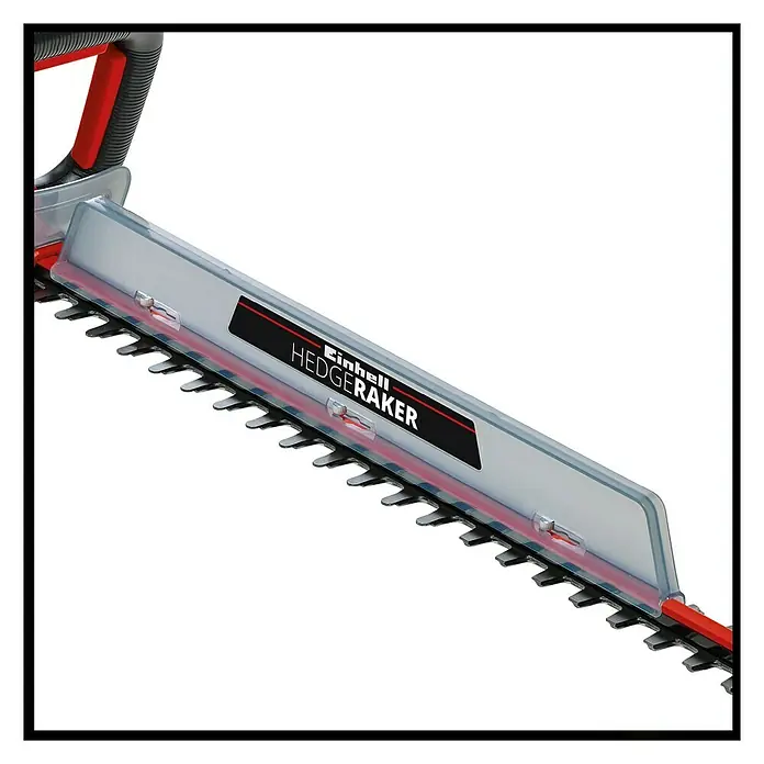 Einhell PXC 18V Cortasetos de batería Arcurra - 18 V, Iones de litio, Sin batería, Longitud de corte: 55 cm - Primer plano del cortasetos Einhell HEDGERAKER, que muestra sus afiladas cuchillas y protección para una jardinería precisa.